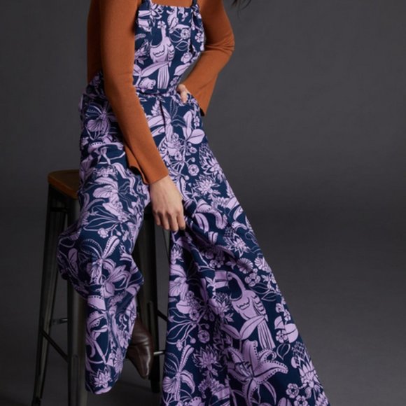 Farm Rio Anthropologie M NWT Wide Leg Overalls Jumpsuit Toucans Medium Blue - Picture 8 of 8